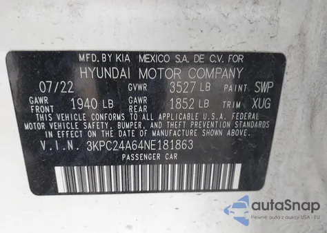2022 Hyundai Accent Se from USA, damaged, VIN 3KPC24A64NE181863